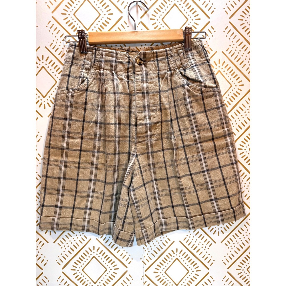 Vintage 90s Plaid Mom Short Women 7/8 Tan Cotton High Rise Pleated Earthy Preppy